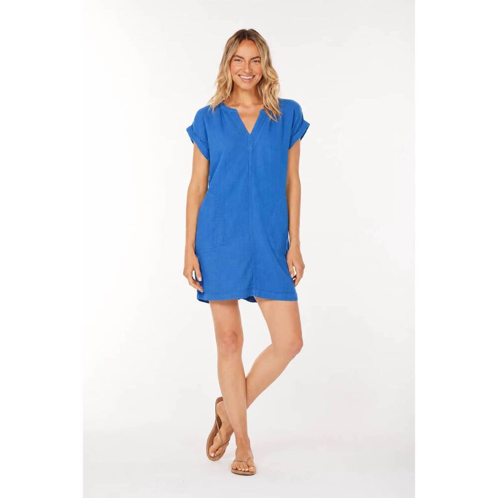 NEW MODODOC roll up short dolman sleeve shirt mini dress in tanzanite gleam